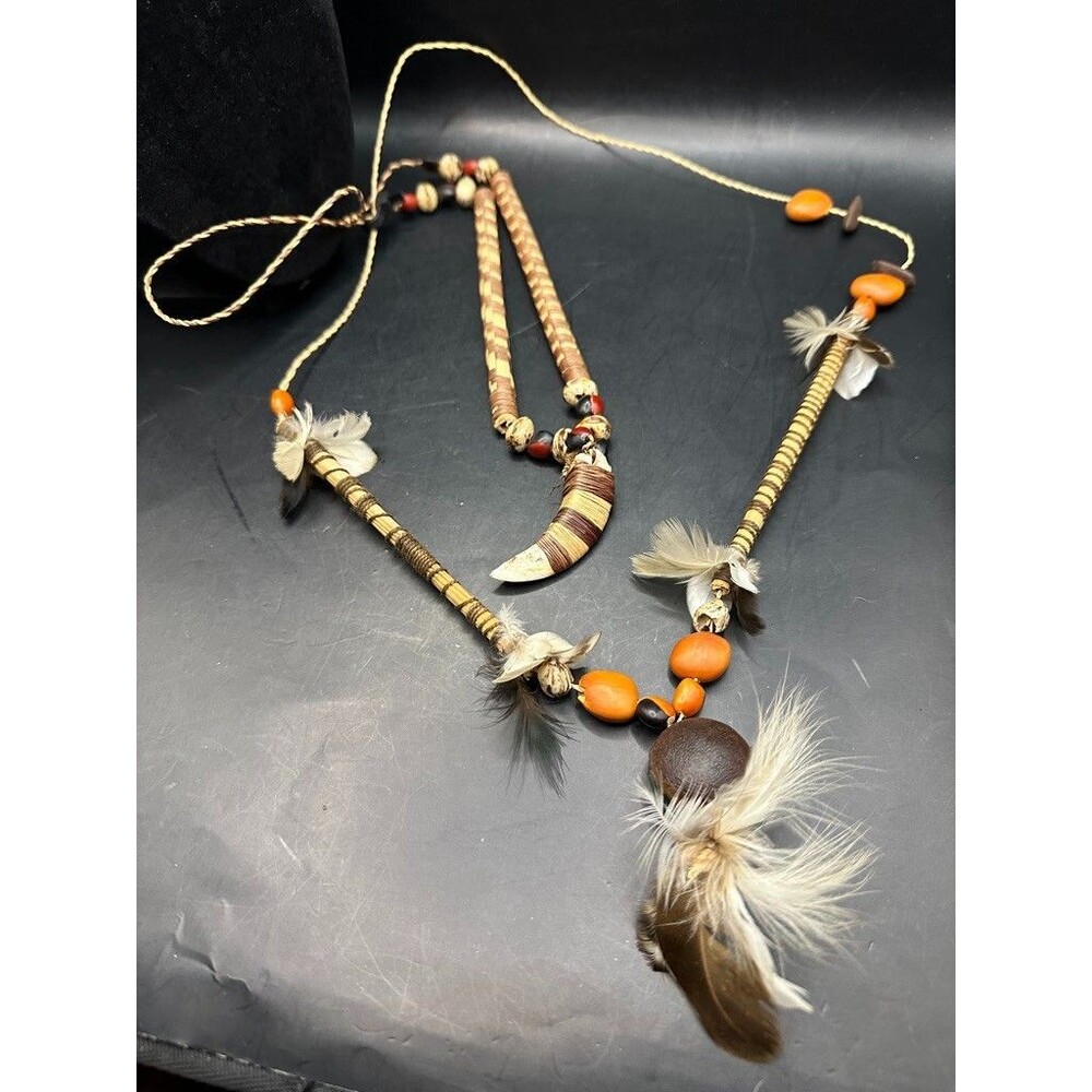 Artisan Necklace Mens Wood Feathers Nut Seeds Claw Stones Handmade Double Strand